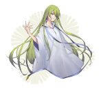  1other androgynous commentary cropped_legs enkidu_(fate) fate/grand_order fate/strange_fake fate_(series) green_eyes green_hair grin hand_up highres jewelry kibou long_hair long_sleeves looking_at_viewer necklace robe smile solo very_long_hair white_background white_robe wide_sleeves 