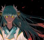  1473ex 1girl black_background blue_hair dragon_horns embers fate/grand_order fate_(series) glowing glowing_eyes highres horns japanese_clothes kimono kiyohime_(fate) long_hair single_tear slit_pupils yellow_eyes 