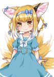  1girl absurdres alternate_costume animal_ears arknights blonde_hair blue_dress blue_hairband blush bow_hairband braid braided_hair_rings closed_mouth collarbone colored_tips commentary_request cowboy_shot dress earpiece fox_ears fox_girl fox_tail hair_rings hairband highres kitsune kyuubi looking_at_viewer multicolored_hair multiple_tails nasumikan_(nodoame241) puffy_short_sleeves puffy_sleeves sailor_collar sailor_dress short_hair short_sleeves simple_background smile solo split_mouth suzuran_(arknights) tail twin_braids two-tone_hair white_background white_hair white_sailor_collar yellow_eyes 