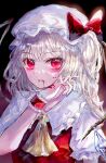  1girl ascot blonde_hair blood blood_on_face bow bowtie fangs hand_up highres medium_hair red_bow red_bowtie red_eyes solo suzushina touhou upper_body vampire yellow_ascot 