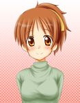  ao_(eternalize) brown_eyes brown_hair green_shirt hirasawa_ui k-on! ponytail shirt short_hair smile solo sweater 