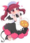  1girl :p apron black_dress black_footwear blush boots bow demon_tail demon_wings dress food food_on_face hair_bow halloween halloween_costume hands_on_own_face heart highres jack-o&#039;-lantern kemurikusa maid_headdress pink_bow pink_eyes ransusan red_hair rina_(kemurikusa) simple_background sleeveless sleeveless_dress smile solo tail tongue tongue_out twintails white_background wings 