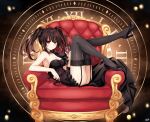  1girl bare_shoulders black_footwear black_hair black_thighhighs breasts commission date_a_live frills garter_straps glass high_heels highres lewdkuma looking_at_viewer medium_breasts roman_numeral smile solo thighhighs throne tokisaki_kurumi twintails 