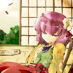  bad_id bad_pixiv_id flower hair_flower hair_ornament hieda_no_akyuu japanese_clothes koohee purple_eyes purple_hair short_hair solo tatami tears touhou 