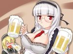  alcohol beer between_breasts blush breasts cleavage glasses heidimarie_w_schnaufer helma_lennartz large_breasts maid maid_headdress multiple_girls necktie red_eyes uramachi_katana world_witches_series 