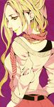  bad_id bad_pixiv_id blonde_hair casual face highres long_hair minami_haruya original red_eyes scarf solo striped striped_scarf 