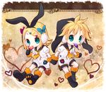  1girl aqua_eyes blonde_hair bonnet boots bow brother_and_sister candy chibi earmuffs food gloves hair_bow hair_ornament hair_ribbon hairclip kagamine_len kagamine_rin lollipop ribbon short_hair siblings twins velpaw vocaloid 