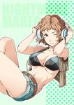  bikini_top breasts brown_eyes brown_hair cleavage cuvie headphones large_breasts midriff navel nightmare_maker one_eye_closed ribs short_hair shorts smile solo vest watarai_maki 