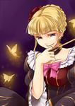  bad_id bad_pixiv_id beatrice blonde_hair blue_eyes bow bug butterfly dress highres insect kiseru pink_bow pipe smile smirk solo umineko_no_naku_koro_ni yuzun 