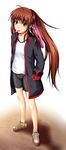  bad_id bad_pixiv_id bike_shorts brown_hair gym_uniform hands_in_pockets headband highres ichirou jacket legs little_busters! long_hair natsume_rin ponytail red_eyes solo tongue 