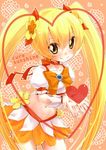  blonde_hair bow character_name choker cure_sunshine floral_background heart heartcatch_precure! long_hair magical_girl myoudouin_itsuki orange_(color) orange_background orange_bow orange_choker orange_skirt precure skirt solo twintails very_long_hair yukiu_kon 