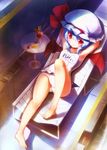  armpits barefoot bat_wings blue_hair chair colored_eyelashes drink hat lounge_chair lying on_back one-piece_swimsuit red_eyes remilia_scarlet school_swimsuit short_hair solo swimsuit table taharu_kousuke touhou white_school_swimsuit white_swimsuit wings 