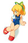  blonde_hair clothes_writing drink energy_tank green_eyes highres long_hair om_(nk2007) one-piece_swimsuit ponytail rockman roll school_swimsuit solo swimsuit 