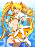  blonde_hair blue_background boots bow breasts choker cure_sunshine hair_ribbon heart heartcatch_precure! instrument knee_boots kyoku_tou long_hair magical_girl midriff myoudouin_itsuki navel open_mouth orange_bow orange_choker orange_skirt precure ribbon shiny_tambourine skirt small_breasts solo tambourine twintails underboob yellow_bow yellow_eyes 