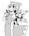  cirno dress greyscale hair_ribbon hand_on_own_chest kannazuki_hato monochrome open_mouth pointy_ears ribbon simple_background solo touhou wings 