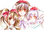  animal_ears black_hair bow bowtie brown_eyes brown_hair friends hat himekaidou_hatate inubashiri_momiji multiple_girls orange_eyes pointy_ears shameimaru_aya sukara-san tokin_hat touhou traditional_media twintails white_hair wolf_ears yellow_eyes 