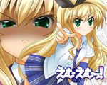  angry blonde_hair blush green_eyes hairband isurugi_mio long_hair mikuri_ouda mm! necktie pointing skirt smile 