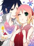  1girl ;t artist_request birthday birthday_cake black_eyes blue_hair cake candle character_name couple dated face_licking food food_on_face forehead_protector fork green_eyes happy_birthday haruno_sakura hetero holding holding_fork licking naruto naruto_(series) naruto_shippuuden ninja one_eye_closed pink_hair short_hair speech_bubble strawberry_shortcake uchiha_sasuke 