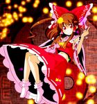  ascot bobby_socks bow brown_hair detached_sleeves floating hair_bow hakurei_reimu middle_finger midriff navel red_eyes short_hair smile socks solo sw touhou 