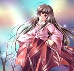  bare_tree brown_hair houraisan_kaguya japanese_clothes kohaku_(yumayumamokomoko) light_particles long_hair red_eyes solo touhou tree 