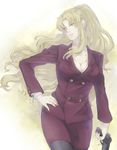  bad_id bad_pixiv_id balalaika_(black_lagoon) black_lagoon blonde_hair blue_eyes breasts chito04 cleavage formal gun hand_on_hip jacket large_breasts long_hair nail_polish pantyhose pencil_skirt red_nails scar skirt skirt_suit solo stechkin_aps suit weapon 