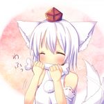  animal_ears bad_id bad_pixiv_id bare_shoulders blush chocolat_(momoiro_piano) closed_eyes detached_sleeves happy hat inubashiri_momiji short_hair silver_hair solo tail tail_wagging tokin_hat touhou wolf_ears wolf_tail 