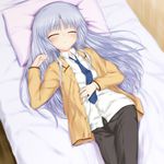  angel_beats! blue_hair blush closed_eyes crossdressing kanna_asuke long_hair necktie school_uniform sleeping solo tenshi_(angel_beats!) 
