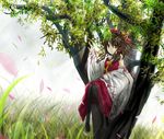  bad_id bad_leg bad_pixiv_id bow brown_eyes brown_hair detached_sleeves grass hair_bow hakurei_reimu in_tree light_rays pantyhose petals sitting sitting_in_tree solo sunbeam sunlight touhou tree yocchin 