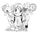  1girl boned_meat bowl eating food fork greyscale kannazuki_hato knife meat monochrome rice rumia saliva simple_background solo touhou 