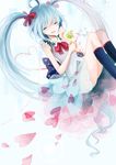  ahoge blue_hair bow bowtie closed_eyes clover four-leaf_clover hair_ribbon hatsune_miku issign kneehighs long_hair ribbon sitting skirt smile solo twintails very_long_hair vocaloid 