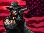  american_flag bandolier beard boyaking cowboy cowboy_hat facial_hair flag_background gloves gun handgun hat john_marston male_focus red_dead_redemption revolver scar solo star upper_body weapon western 