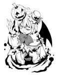  bat_wings cross fang greyscale hat kannazuki_hato monochrome one_eye_closed pumpkin remilia_scarlet ringed_eyes simple_background solo touhou wings 