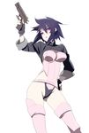  arm_up bad_id bad_pixiv_id blue_hair breasts cropped_jacket fingerless_gloves ghost_in_the_shell ghost_in_the_shell_stand_alone_complex gloves gun hand_on_hip handgun kusanagi_motoko leotard medium_breasts parapara_dance pistol purple_eyes short_hair simple_background solo tensugi_takashi thighhighs trigger_discipline weapon 