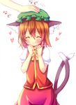  animal_ears bad_id bad_pixiv_id blush brown_hair cat_ears cat_tail chen chocolat_(momoiro_piano) closed_eyes earrings hand_on_another's_head hands happy heart jewelry multiple_tails out_of_frame petting short_hair simple_background smile solo_focus tail touhou 