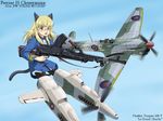  aircraft airplane animal_ears blonde_hair cat_ears day flak_(aaa's_room) flying glasses gun long_hair machine_gun military military_uniform pantyhose perrine_h_clostermann propeller sky strike_witches striker_unit tail tempest_(airplane) uniform weapon world_war_ii world_witches_series yellow_eyes 