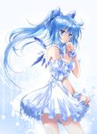  alternate_costume alternate_hairstyle bad_id bad_pixiv_id blue_eyes blue_hair bow breasts cirno cleavage dress hair_bow highres long_hair medium_breasts older pico_(picollector79) ponytail solo touhou wings wrist_cuffs 