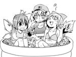  bikini cirno closed_eyes daiyousei food greyscale hair_bobbles hair_ornament ice ice_cream kannazuki_hato kawashiro_nitori monochrome multiple_girls one-piece_swimsuit pool popsicle school_swimsuit simple_background swimsuit touhou water wings 