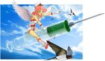 angel_wings bird day duel_monster hat injection_fairy_lily large_syringe nurse nurse_cap oversized_object pink_eyes pink_hair pointing sky solo suyu38 syringe wings yuu-gi-ou yuu-gi-ou_duel_monsters 