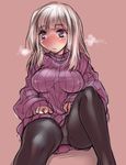  blonde_hair blush original panties panties_under_pantyhose pantyhose purple_eyes simple_background sitting sketch solo sweater tokita_monta underwear 