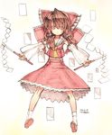  ascot bad_id bad_pixiv_id bow brown_hair detached_sleeves gohei hair_bow hakurei_reimu midriff ofuda red_eyes rondo_bell short_hair skirt solo touhou 