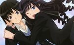  amagami artist_request black_eyes black_jacket blue_eyes blush drill_hair highres jacket kibito_high_school_uniform long_sleeves looking_back morishima_haruka multiple_girls nanasaki_ai one_eye_closed open_clothes open_mouth school_uniform short_hair smile wallpaper 