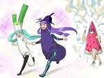  2boys costume eggplant food gomoku hatsune_miku holding_hands kaito kamui_gakupo long_hair multiple_boys popsicle running spring_onion twintails vocaloid watermelon_bar 