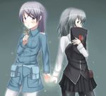  bad_id bad_pixiv_id black_legwear blue_eyes blush eila_ilmatar_juutilainen holding_hands long_hair military military_uniform multiple_girls nawate_(dij) necktie pantyhose pillow sanya_v_litvyak short_hair silver_hair strike_witches uniform white_legwear world_witches_series 