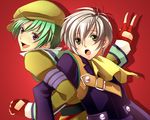  green_eyes green_hair hat imoko65 locked_arms male_focus multiple_boys purple_eyes red_background ruca_milda spada_belforma tales_of_(series) tales_of_innocence white_hair 