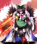  alternate_weapon arm_cannon asymmetrical_clothes bow colorized green_bow hair_bow long_hair mismatched_footwear reiuji_utsuho shimo_(depthbomb) shishigami_(sunagimo) solo touhou very_long_hair weapon wings 