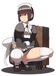  bangs black_hair blunt_bangs bob_cut crossed_arms expressionless go_robots headdress maid maid_headdress mary_janes original red_eyes ringed_eyes shoes short_hair solo squatting suitcase thighhighs white_background white_legwear 