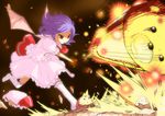  animal_slippers bat_wings hat purple_hair ranka_(tonbo) red_eyes remilia_scarlet shoes short_hair single_shoe slippers solo thighhighs throwing touhou white_legwear wings 