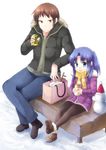  1girl asakura_ryouko bag bench blue_eyes blue_hair brown_hair can coat fur_trim inui_nagi jacket kyon long_hair pantyhose scarf shopping_bag short_hair snowman soda_can suzumiya_haruhi_no_yuuutsu time_paradox winter_clothes younger 