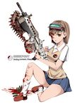  bad_id bad_pixiv_id blood blood_on_face brown_eyes brown_hair cartridge chainsaw crimson_omen empty_eyes full_body gameplay_mechanics gears gears_of_war gun head_mounted_display lancer_(weapon) left-handed loafers looking_at_viewer miniskirt misaka_imouto miyamoto_issa parody pleated_skirt school_uniform shoes short_hair simple_background sitting skirt skull socks solo to_aru_majutsu_no_index vest weapon white_background white_legwear 