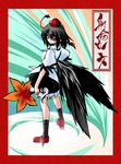  black_hair character_name geta hat hisame_genta light_smile looking_at_viewer looking_back red_eyes shameimaru_aya smile solo tengu-geta tokin_hat touhou wings 